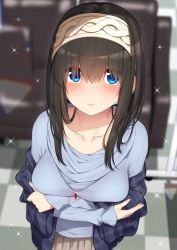 Rule 34 | 1girl, absurdres, beige skirt, black hair, blue eyes, blue sweater, blush, breasts, closed mouth, collarbone, crossed arms, go-1, hairband, highres, idolmaster, idolmaster cinderella girls, jewelry, large breasts, long hair, long sleeves, looking at viewer, necklace, sagisawa fumika, shawl, solo, sparkle, sweater