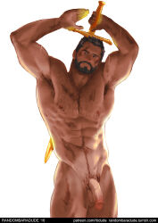 Rule 34 | 1boy, abs, armpit hair, arms up, bara, beard, brown hair, character request, chest hair, completely nude, copyright request, cowboy shot, dirty, facial hair, full beard, half-erect, holding, holding sword, holding weapon, looking to the side, male focus, male pubic hair, mature male, muscular, muscular male, navel hair, nipple hair, nipples, non-web source, nude, pectorals, penis, pubic hair, randombaradude, short hair, simple background, solo, sword, testicles, uncensored, weapon, white background