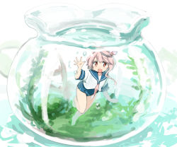 Rule 34 | 1girl, :d, algae, barefoot, blue one-piece swimsuit, bowl, bright pupils, cherry blossoms, flower, hair flower, hair ornament, hota, i-58 (kancolle), in bowl, in container, kantai collection, looking at viewer, one-piece swimsuit, open mouth, pink hair, red eyes, school swimsuit, school uniform, serafuku, shirt, short sleeves, smile, solo, swimming, swimsuit, underwater, waving, white pupils, white shirt
