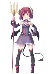 Rule 34 | 1girl, absurdres, artist request, demon girl, demon horns, demon tail, demon wings, detached sleeves, fang, fang out, full body, gal gun, gal gun double peace, highres, horns, kurona (galgun), looking at viewer, official art, polearm, red eyes, red hair, short hair, simple background, skirt, skull, smile, solo, tail, thighhighs, trident, weapon, white background, wings