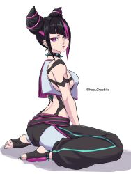 Rule 34 | 1girl, artist name, ass, bare shoulders, black choker, black hair, blue eyes, body markings, breasts, choker, closed mouth, commentary request, diagonal bangs, drill hair, epuusa, han juri, heterochromia, highres, medium breasts, medium hair, multicolored hair, pink eyes, pink hair, pink lips, sidelocks, simple background, sitting, solo, spiked choker, spikes, streaked hair, street fighter, street fighter 6, toes, twin drills, twintails, twitter username, two-tone hair, wariza, white background