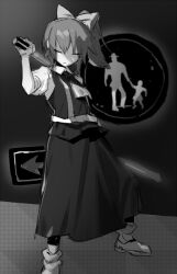 Rule 34 | 1girl, boots, bow, closed eyes, closed mouth, collared shirt, commentary request, cookie (touhou), daiyousei, diyusi (cookie), expressionless, full body, gloves, greyscale, hair bow, high-visibility vest, high ponytail, kebabu 01, medium bangs, monochrome, offside: diyusi, one way sign, pedestrians only sign, puffy short sleeves, puffy sleeves, road sign, shirt, short hair, short sleeves, sign, skirt, socks, solo, standing, touhou, traffic baton, vest