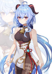 Rule 34 | 1girl, absurdres, ahoge, bare arms, bell, black legwear, blue hair, blush, breasts, ganyu (genshin impact), genshin impact, gold trim, highres, horns, long hair, looking at viewer, low ponytail, medium breasts, neck bell, no gloves, purple eyes, sage fish, sidelocks, sleeveless, smile, solo, standing, thighlet, very long hair, vision (genshin impact), waist cape, white background
