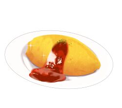 Rule 34 | absurdres, commentary, food, highres, kaon zz, ketchup, no humans, omelet, omurice, original, plate, simple background, sparkle, transparent background