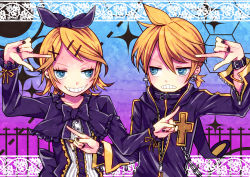 Rule 34 | 1boy, 1girl, alternate costume, bad id, bad pixiv id, blush, bow, brother and sister, chain, cross, earrings, hair bow, hair ornament, hairclip, jewelry, kagamine len, kagamine rin, siblings, toudou charo, tr, twins, vocaloid