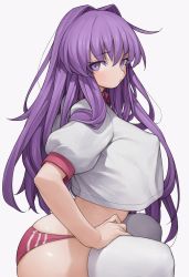 Rule 34 | 1girl, arched back, buruma, clannad, covered erect nipples, crop top, crop top overhang, from side, fujibayashi kyou, grey background, gym uniform, hair intakes, highres, leaning forward, long hair, midriff, purple eyes, purple hair, rabbit (wlsdnjs950), sidelocks, simple background, solo, thighhighs, white thighhighs
