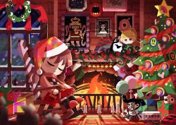 Rule 34 | absurdres, balloon, black eyes, black hair, blonde hair, blue eyes, blunt bangs, blush, brown hair, candle, chair, character doll, christmas, christmas tree, closed eyes, closed mouth, collared shirt, commentary, controller, dripping eye, empty eyes, extra arms, eyeball, famicom, fire, fireplace, from side, game console, gift, grey skirt, hat, highres, indoors, jitome, long hair, long sleeves, looking at viewer, madotsuki, monoe, monoko, night, open mouth, pale skin, photo (object), pink sweater, pleated skirt, poniko, ponytail, red footwear, red skirt, rocking chair, santa hat, shadow, shirt, short hair, single empty eye, sitting, skirt, slippers, smile, snow, snowing, socks, star (symbol), sweater, train, tree, turtleneck, turtleneck sweater, uboa, watawata22, white shirt, white socks, wide shot, window, wreath, yume nikki