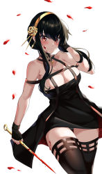 Rule 34 | 1girl, absurdres, bad id, bad pixiv id, bare arms, bare shoulders, black dress, black hair, black thighhighs, blood, blood on face, blush, breasts, cleavage, collarbone, cowboy shot, dress, earrings, elze (s01047480836), flower, gold hairband, hair ornament, hairband, hairpin, hand up, highres, holding, jewelry, korean commentary, large breasts, long hair, off-shoulder dress, off shoulder, petals, red eyes, rose, shadow, simple background, solo, spy x family, suspenders, thighhighs, white background, yellow flower, yellow rose, yor briar