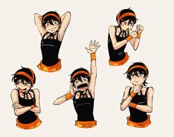 Rule 34 | 1boy, arms up, black hair, blush, crossed arms, hairband, highres, ino matome, jojo no kimyou na bouken, male focus, narancia ghirga, open mouth, short hair, simple background, smile, solo, solo focus, tongue, tongue out, upper body, vento aureo