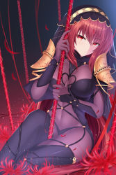 Rule 34 | 1girl, armor, bodysuit, breasts, commentary request, covered navel, fate/grand order, fate (series), feng mouren, flower, gae bolg (fate), highres, hood, large breasts, long hair, pauldrons, polearm, purple hair, red eyes, scathach (fate), scathach (fate), shoulder armor, solo, spear, spider lily, weapon