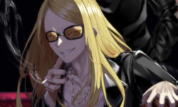 Rule 34 | 1boy, black jacket, black nails, blonde hair, blurry, blurry background, cigarette, fate/grand order, fate (series), highres, holding, holding cigarette, jacket, jewelry, long hair, looking at viewer, male focus, necklace, open clothes, open jacket, orange-tinted eyewear, smoke, sunglasses, takotobuta, tezcatlipoca (fate), tinted eyewear, upper body
