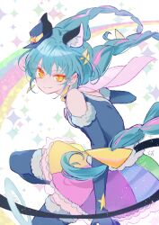 Rule 34 | 1girl, absurdres, animal ears, blue gloves, blue hair, braid, cat ears, cat girl, commentary, cure cosmo, earrings, elbow gloves, fur-trimmed gloves, fur trim, gloves, hat, highres, jewelry, long hair, magical girl, mini hat, mini top hat, multicolored hair, precure, rainbow skirt, shipu (gassyumaron), smile, solo, star twinkle precure, streaked hair, symbol-only commentary, tail, tail ornament, tail ring, top hat, triangle earrings, twin braids, yellow eyes, yuni (precure)