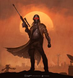 Rule 34 | 1boy, anti-materiel rifle, bandolier, bolt action, boots, cityscape, clenched hand, deathclaw, denim, duster, fallout (series), fallout: new vegas, gas mask, gun, helmet, highres, jeans, looking at viewer, mask, ncr veteran ranger, pants, pgm hecate ii, red sky, rifle, scope, sky, sniper rifle, solo, sun, thefearmaster, torn clothes, trigger discipline, weapon