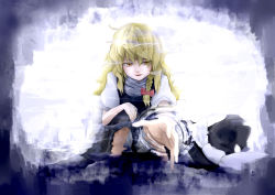 Rule 34 | 1girl, backlighting, black vest, blonde hair, bow, braid, day, distortion, expressionless, from below, hair bow, hat, unworn hat, unworn headwear, kirisame marisa, looking at viewer, looking down, parted lips, pov, pov hands, reaching, ripples, shirt, short sleeves, single braid, solo, squatting, touhou, turtleneck, vest, water, white shirt, yawl, yellow eyes