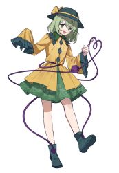 Rule 34 | 1girl, :d, black hat, cjsdh1000, clenched hand, commentary, floral print, green eyes, green footwear, green hair, green skirt, hat, hat ribbon, heart, heart of string, komeiji koishi, long sleeves, looking at viewer, open mouth, ribbon, rose print, shirt, short hair, simple background, skirt, smile, solo, third eye, touhou, white background, yellow ribbon, yellow shirt