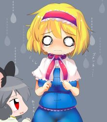 Rule 34 | 2girls, alice margatroid, animal ears, blonde hair, blue dress, blush, bow, bowtie, breasts, capelet, closed mouth, commentary request, cookie (touhou), cowboy shot, dress, frilled bowtie, frilled hairband, frills, frown, grey background, grey hair, hairband, highres, ichigo (cookie), lace-trimmed sash, large breasts, lets0020, looking at another, mouse ears, mouse girl, multiple girls, nazrin, nyon (cookie), o o, open mouth, purple sash, red bow, red bowtie, red eyes, red hairband, sash, short hair, simple background, tearing up, touhou, translation request, water drop, white capelet