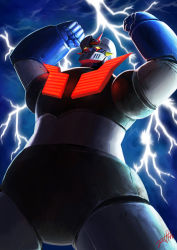 Rule 34 | absurdres, clenched hands, glowing, highres, jeetdoh, lightning, mazinger (series), mazinger z, mazinger z (mecha), mecha, outstretched arms, pilder, realistic, robot, science fiction, signature, super robot