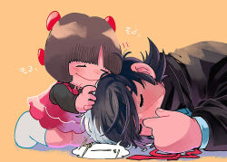 Rule 34 | 1boy, 1girl, black hair, black jack (character), black jack (series), blush, bow, brown hair, child, closed eyes, coat, dress, hair bow, hair over one eye, headpat, husagin, knees together feet apart, long sleeves, multicolored hair, multiple hair bows, neck ribbon, on ground, patchwork skin, pinoko, red bow, red ribbon, ribbon, scar, scar on face, seiza, short hair, simple background, sitting, sleeping, speech bubble, split-color hair, toddler, two-tone hair, undershirt, white hair, yellow background