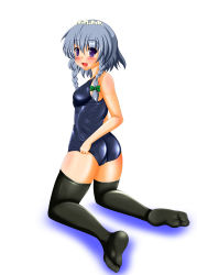 Rule 34 | 1girl, adjusting clothes, adjusting swimsuit, ass, bad id, bad pixiv id, black thighhighs, blush, braid, breasts, female focus, highres, izayoi sakuya, kneeling, one-piece swimsuit, open mouth, school swimsuit, shiny clothes, short hair, sideboob, silver hair, skindentation, smile, solo, swimsuit, tera hiroshi, thighhighs, thighs, tongue, touhou, twin braids