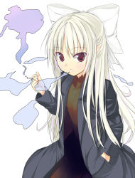 Rule 34 | 00s, 1girl, ban (bannyata), bow, cigarette, coat, female focus, hair bow, half updo, hand in pocket, long hair, looking at viewer, melty blood, naked coat, nrvnqsr chaos, pointy ears, red eyes, simple background, smoke, smoking, solo, tsukihime, white background, white hair, white len (tsukihime)