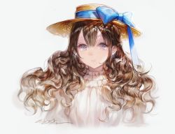 Rule 34 | 1girl, artist name, blue bow, blue eyes, blue ribbon, boater hat, bow, brown hair, dress, graphite (medium), hair between eyes, hat, hat bow, hat ribbon, illak, long hair, looking at viewer, original, parted lips, ribbon, signature, solo, traditional media, upper body, wavy hair, white dress