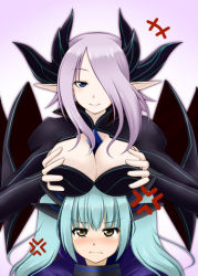 Rule 34 | 10s, armor, blue eyes, blush, breast envy, breast rest, breasts squeezed together, breasts, breasts on head, cardfight!! vanguard, cleavage, crying, darkness maiden macha, emoticon, green hair, horns, looking at viewer, lowres, purple hair, shadow paladin, skull witch nemain, smile, teasing, yellow eyes
