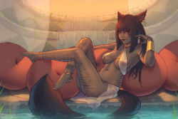 Rule 34 | 1girl, animal ears, anklet, warrior of light (ff14), barefoot, bracer, breasts, brown eyes, brown hair, cat ears, cat tail, closed mouth, cushion, earrings, facial mark, final fantasy, final fantasy xiv, halterneck, jewelry, lips, long hair, looking at viewer, medium breasts, miqo&#039;te, navel, nipples, ponytail, ring, see-through, sitting, solo, soranamae, tail, tiger stripes, water, waterfall