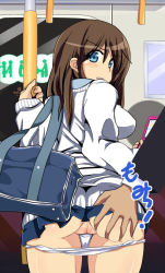 Rule 34 | 1girl, ass, ass grab, blue eyes, brown hair, cellphone, censored, chikan, comord, flip phone, grabbing another&#039;s ass, groping, looking back, miniskirt, molestation, mosaic censoring, original, panties, panty pull, phone, pleated skirt, public indecency, pussy, skirt, solo focus, train, train interior, uncensored, underwear