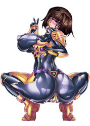 Rule 34 | asagiri (pixiv #10372), ass, bodysuit, breasts, brown hair, full body, huge breasts, looking at viewer, muv-luv, muv-luv alternative, muv-luv total eclipse, simple background, skin tight, solo, takamura yui, v, wavy mouth, white background