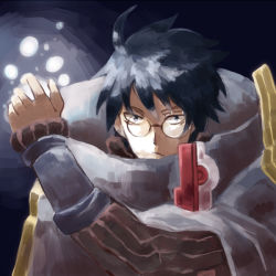 Rule 34 | 10s, 1boy, black background, blue eyes, blue hair, cloak, glasses, glowing, gradient background, high collar, log horizon, male focus, matching hair/eyes, opaque glasses, partially opaque glasses, shiroe (log horizon), short hair, solo