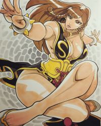 Rule 34 | 1girl, alternate hairstyle, ass, bare legs, bare shoulders, bracelet, braid, breasts, brown hair, capcom, chun-li, cleavage, edwin huang, fighting stance, full body, highres, huge ass, jewelry, medium breasts, official alternate costume, outstretched arms, pelvic curtain, revealing clothes, shiny skin, smile, solo, spiked bracelet, spikes, street fighter, street fighter v, thighs, traditional media, wide hips