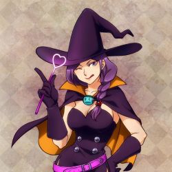 Rule 34 | 1girl, armpits, belt, black dress, black gloves, breasts, brown eyes, brown hair, buttons, capcom, cape, cleavage, cloak, collarbone, dress, gloves, ace attorney, phoenix wright: ace attorney - dual destinies, hat, hip focus, large breasts, lips, lisptick, long hair, clonco (ace attorney), purple eyes, purple hair, smile, solo, wand, wide hips, witch, witch hat, aura blackquill