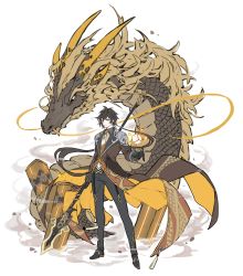 Rule 34 | 1boy, black gloves, black hair, closed mouth, dragon, dragon horns, earrings, eastern dragon, formal, fur, genshin impact, gloves, hair between eyes, highres, holding, holding weapon, horns, jacket, jewelry, long hair, long sleeves, looking at viewer, male focus, polearm, ponytail, scales, simple background, single earring, solo, spear, spring2013, stone, suit, weapon, whiskers, white background, yellow eyes, zhongli (genshin impact)