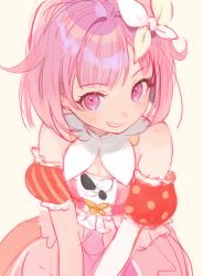 Rule 34 | 1girl, bare shoulders, black bow, blush, bow, collar, copyright request, dress, frilled sleeves, frills, hair ornament, head tilt, kuzuvine, looking at viewer, multicolored bow, multicolored hair, pink dress, pink eyes, pink hair, polka dot, short hair, simple background, sketch, smile, solo, teeth, white bow, white collar, yellow background, yellow bow