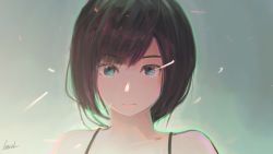 Rule 34 | 1girl, asymmetrical bangs, bad id, bad pixiv id, banishment, bare shoulders, blue background, blue eyes, blunt bangs, bra strap, brown hair, closed mouth, commentary request, expressionless, highres, looking at viewer, original, pink lips, portrait, short hair, signature, solo, sparks, upper body