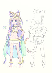 Rule 34 | 1girl, :3, animal ear fluff, animal ears, barefoot, bastet (p&amp;d), brown hair, cat ears, cat tail, enkyo yuuichirou, flat chest, full body, green eyes, hands on own hips, jewelry, lots of jewelry, midriff, multiple views, navel, puzzle &amp; dragons, standing, tail, turnaround