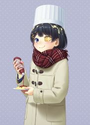 Rule 34 | 1girl, black hair, blue eyes, blush, chef hat, closed mouth, coat, enpera, eyepatch, food, hat, highres, holding, holding plate, kath, ketchup, ketchup bottle, long hair, looking at viewer, nijisanji, omelet, omurice, plaid, plaid scarf, plate, polka dot, polka dot background, red scarf, scarf, smile, solo, tsukino mito, tsukino mito (6th costume), virtual youtuber, winter clothes, winter coat