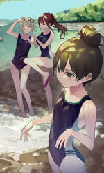 Rule 34 | 3girls, black one-piece swimsuit, blue sky, breasts, brown hair, closed eyes, cloud, commentary request, commission, dappled sunlight, day, double bun, eyewear on head, facing viewer, green eyes, grey hair, hair bun, highres, kneeing, kuz, long hair, multiple girls, new school swimsuit, one-piece swimsuit, original, outdoors, ponytail, sandals, school swimsuit, short hair, skeb commission, sky, small breasts, standing, sunglasses, sunlight, swimsuit, wet, wet clothes, wet swimsuit