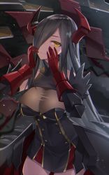 Rule 34 | 1girl, azur lane, black hair, blurry, breasts, cleavage, commentary request, covered collarbone, depth of field, friedrich der grosse (azur lane), gauntlets, hair over one eye, hands on own face, head tilt, headgear, highres, long hair, looking at viewer, machinery, mashita (kuzsat), sidelocks, smile, solo, thighhighs, yellow eyes, zettai ryouiki