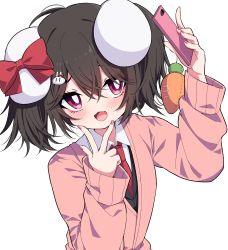 Rule 34 | 1girl, absurdres, animal ears, blush, bow, bright pupils, brown hair, cardigan, carrot, cellphone, cellphone charm, charm (object), commentary request, contemporary, ear ribbon, fang, hair ornament, hand up, highres, holding, holding phone, inaba tewi, nail polish, necktie, open mouth, phone, pink sweater, rabbit ears, rabbit girl, rabbit hair ornament, red bow, red eyes, red nails, red necktie, shirt, short hair, simple background, skin fang, smartphone, solo, sweater, touhou, tsukimirin, upper body, white background, white pupils, white shirt