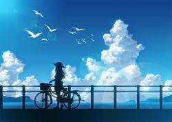 Rule 34 | 1girl, bicycle, bird, blue sky, cloud, commentary request, day, fence, flying, hachio81, hat, highres, island, long hair, ocean, original, scenery, silhouette, sky, solo, summer, sunlight