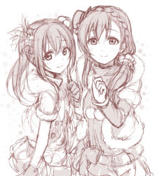 Rule 34 | 10s, 2girls, braid, crown braid, detached sleeves, feather hair ornament, feathers, fur trim, gloves, hair bobbles, hair ornament, hat, kirisawa saki, long hair, looking at viewer, love live!, love live! school idol project, monochrome, multiple girls, short sleeves, simple background, sketch, smile, snow halation, tojo nozomi, white background, yazawa nico