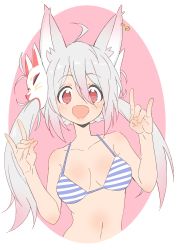 Rule 34 | 1girl, :d, absurdres, bad id, bad twitter id, bell, bell earrings, bikini, blue bikini, breasts, copyright request, donguri suzume, double fox shadow puppet, earrings, fox mask, fox shadow puppet, gradient hair, grey hair, hair between eyes, highres, jewelry, looking at viewer, mask, mask on head, medium breasts, multicolored hair, open mouth, pink hair, red eyes, smile, solo, striped bikini, striped clothes, swimsuit, twintails, upper body