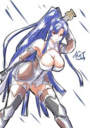 Rule 34 | artist request, axe, bare shoulders, battle axe, blue hair, bodysuit, breasts, cameltoe, cleavage, curvy, dress, high ponytail, highres, hime cut, holding, holding weapon, large breasts, legs apart, long hair, looking at viewer, partially visible vulva, ponytail, red eyes, shiny clothes, shiny skin, short dress, solo, taimanin (series), taimanin asagi, very long hair, weapon, yatsu murasaki