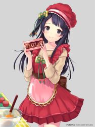 Rule 34 | 1girl, apron, black eyes, black hair, candy, casual, chocolate, chocolate bar, food, hair ornament, hat, holding, ilog, long hair, looking at viewer, nekota tokiko, occhan (11715), official art, smile, solo