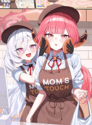 2girls absurdres apron aru_(blue_archive) bag black_gloves blue_archive brown_apron brown_hat bun_(food) collared_shirt food gloves halo hat highres holding holding_bag holding_food horns indoors long_hair looking_at_viewer multiple_girls mutsuki_(blue_archive) neck_ribbon open_mouth pink_eyes pink_hair pink_halo plastic_bag red_ribbon ribbon sgholln shirt short_sleeves sleeves_rolled_up white_hair white_shirt