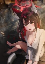 Rule 34 | 1girl, absurdres, alternate costume, animal ear fluff, animal ears, bare legs, barefoot, black hair, blue archive, blurry, blurry background, blush, breasts, bucket, cleavage, colored inner hair, crossed legs, dress, fox ears, halo, highres, large breasts, looking at viewer, luenar, multicolored hair, onsen, red eyes, refraction, signature, single bare shoulder, sitting, smile, solo, steam, two-tone hair, wakamo (blue archive), white dress, wooden bucket, yellow eyes