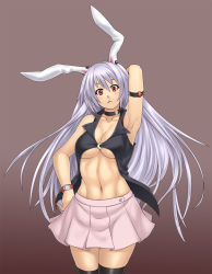 Rule 34 | 1girl, abs, animal ears, armpits, arms behind back, arms up, black thighhighs, breasts, choker, cleavage, female focus, hand on own hip, houtengeki, large breasts, long hair, muscular, navel, pleated skirt, purple hair, rabbit ears, red eyes, reisen udongein inaba, simple background, skirt, solo, thighhighs, toned, touhou, underboob