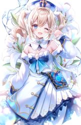 Rule 34 | 1girl, ;d, absurdres, amaki ruto, barbara (genshin impact), bare shoulders, blonde hair, blue bow, blue eyes, blush, book, bow, commentary request, cowboy shot, cross, detached collar, detached sleeves, dress, dress bow, drill hair, eyelashes, flower, frilled dress, frills, genshin impact, grimoire, hair between eyes, hair intakes, hair ornament, hand up, hat, highres, latin cross, lily (flower), long hair, long sleeves, looking at viewer, one eye closed, open mouth, pantyhose, puffy detached sleeves, puffy long sleeves, puffy sleeves, ribbon, sidelocks, smile, solo, standing, strapless, strapless dress, twin drills, twintails, vision (genshin impact), water, water drop, white dress, white flower, white hat, white pantyhose, white ribbon, white sleeves