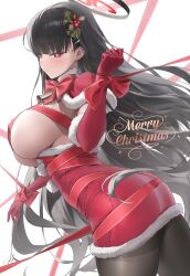 Rule 34 | 1girl, absurdres, alternate costume, ass, bell, black hair, black pantyhose, blue archive, blush, breasts, bright pupils, closed mouth, commentary, elbow gloves, english commentary, english text, from side, gloves, hair ornament, halo, hand up, highres, large breasts, merry christmas, mixed-language commentary, pantyhose, red eyes, red gloves, red ribbon, ribbon, rio (blue archive), santa costume, smile, solo, white background, white pupils, yabacha